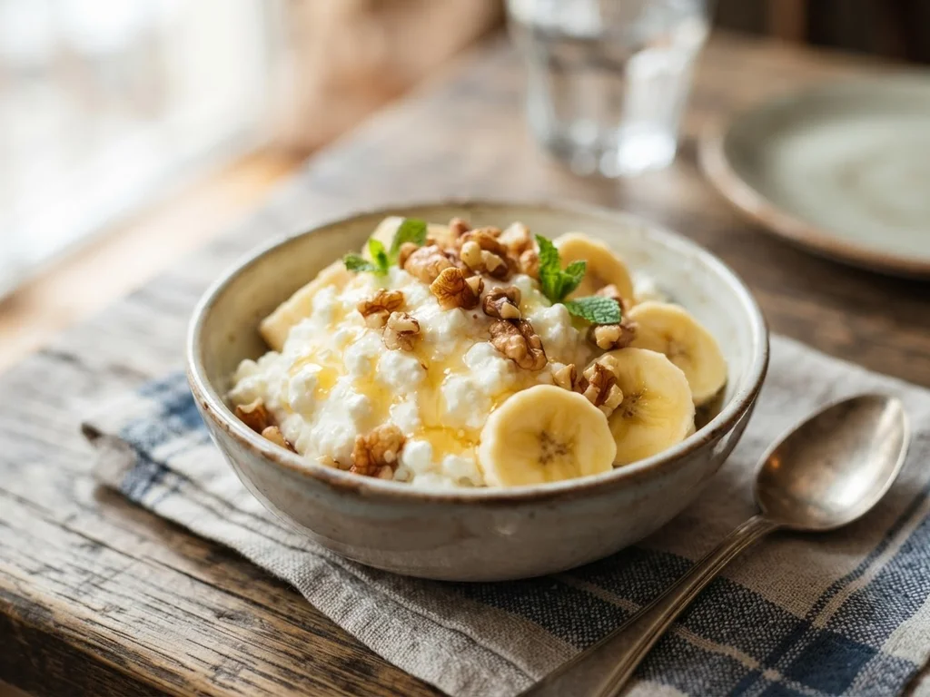 Творог с мёдом, бананом и орехами